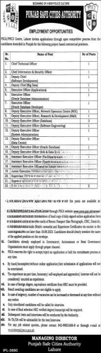 PSCA Jobs 2023 – Punjab Safe Cities Authority Latest Advertisement