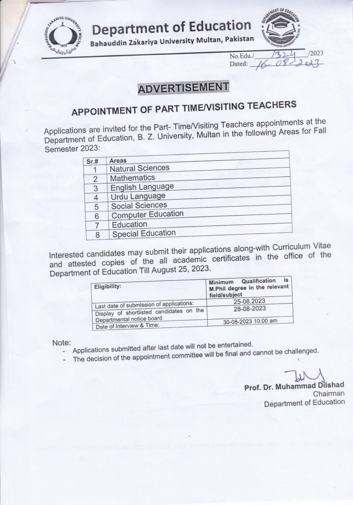 Apply Online for Bahauddin Zakariya University jobs (BZU Jobs 2023)