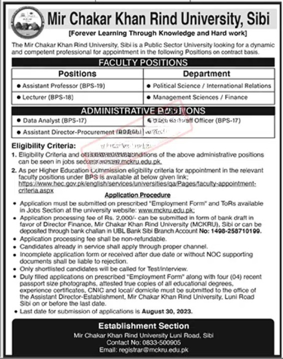 Apply Online For Mir Chakar Khan Rind University Sibi Jobs 2023