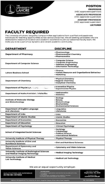 University of Lahore Jobs 2023 Online Apply - UOL Careers
