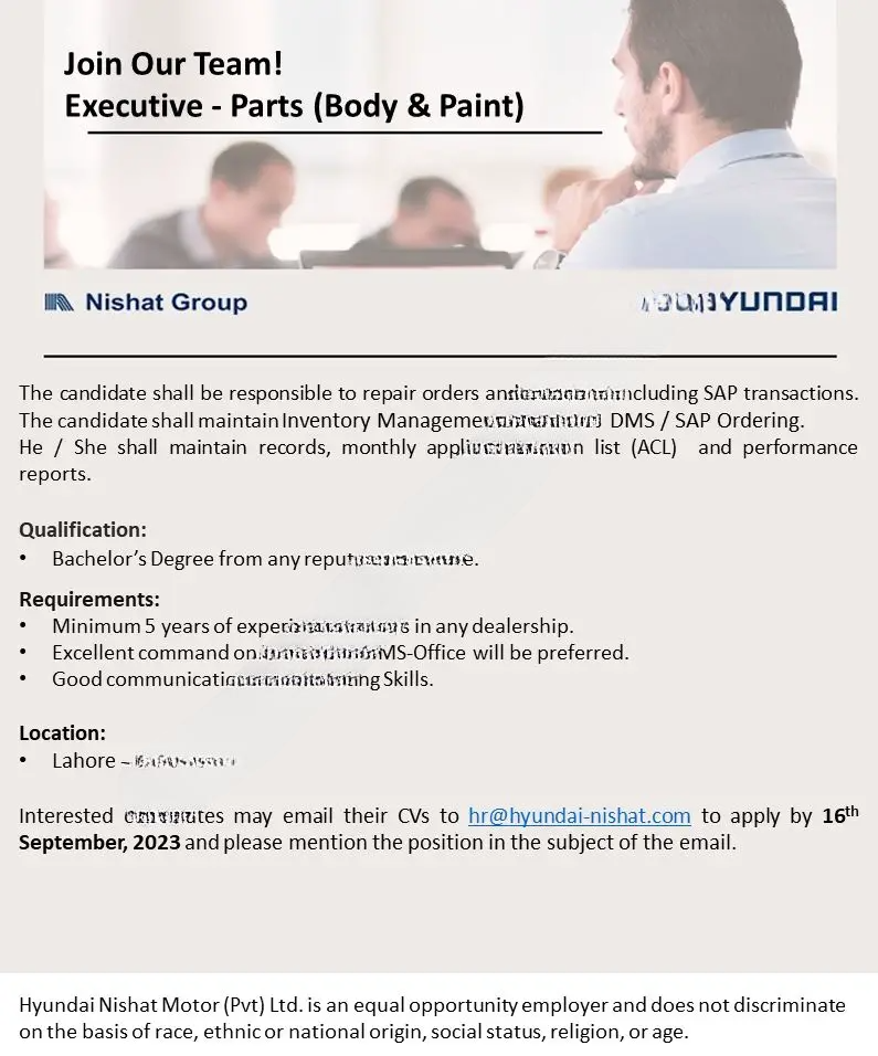Hyundai Nishat Motor Pvt Ltd Jobs 2023 Online Apply