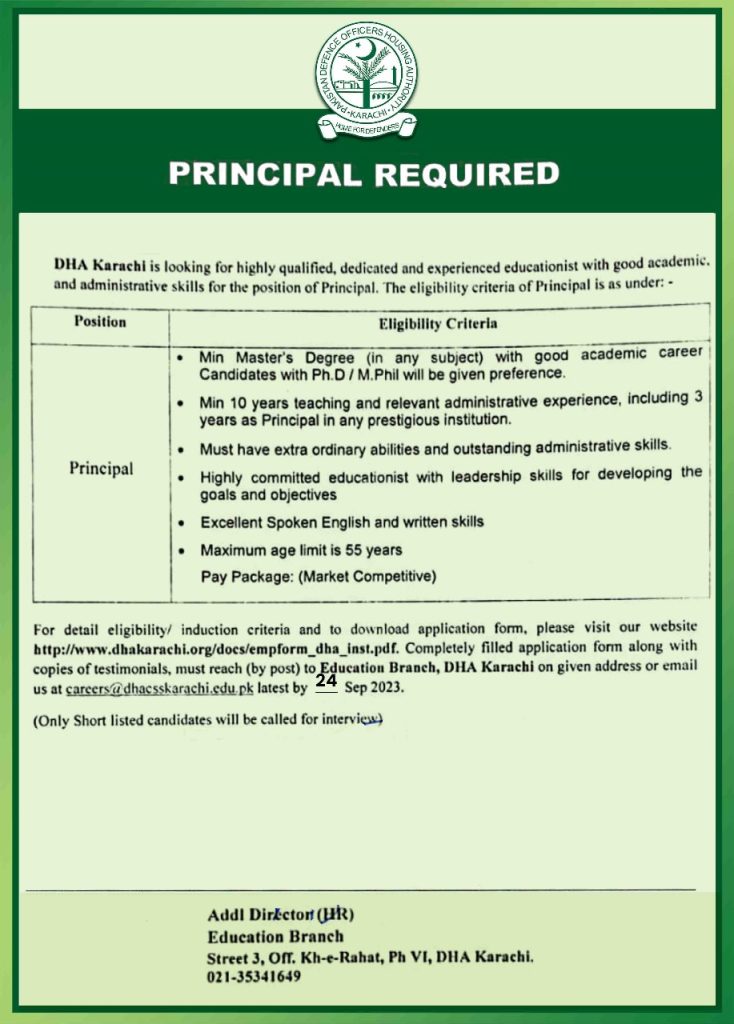 Principal Jobs Announce in DHA Karachi September 2023