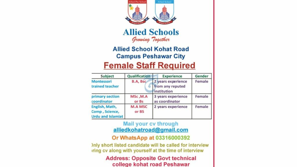 Allied School Kohat Road Campus Peshawar Jobs 2023