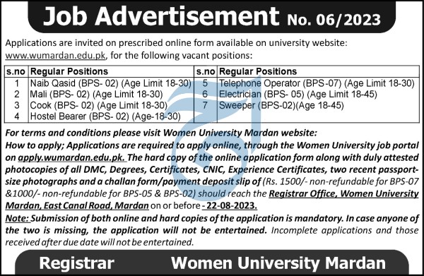 Official Advertisement of  Women University Mardan Jobs 2023
