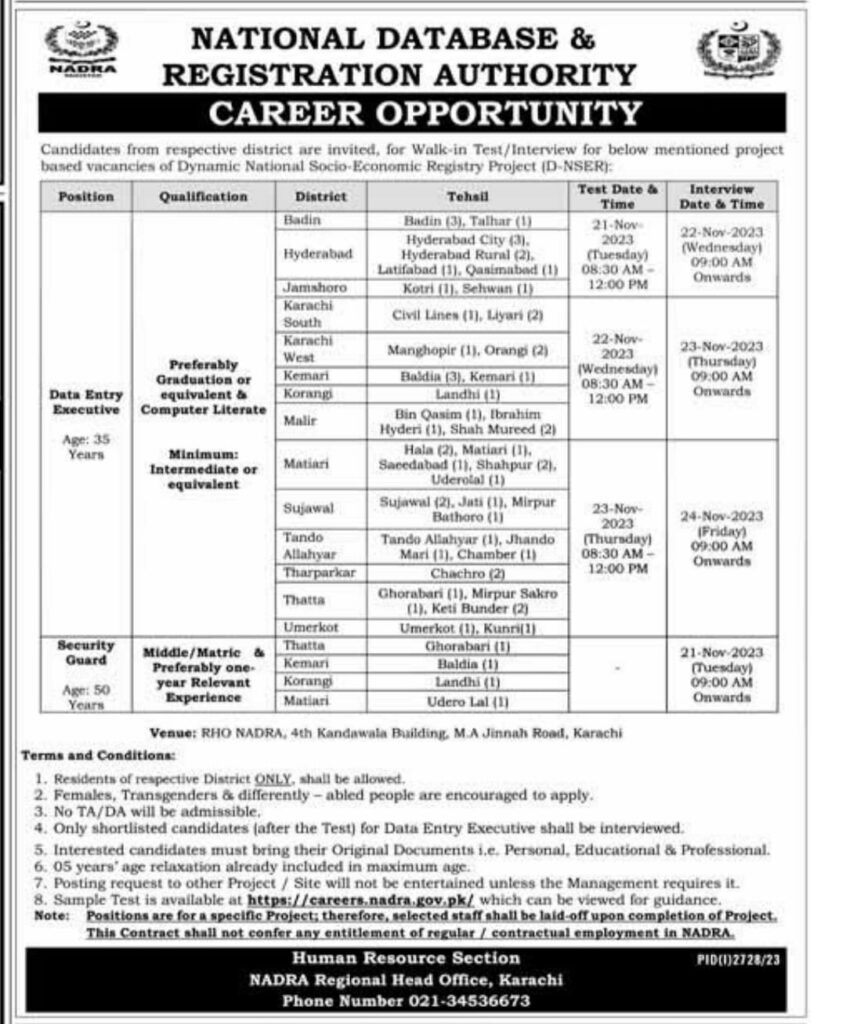 NADRA Jobs 2023 For Data Entry Operators & Security Guards Advertisement